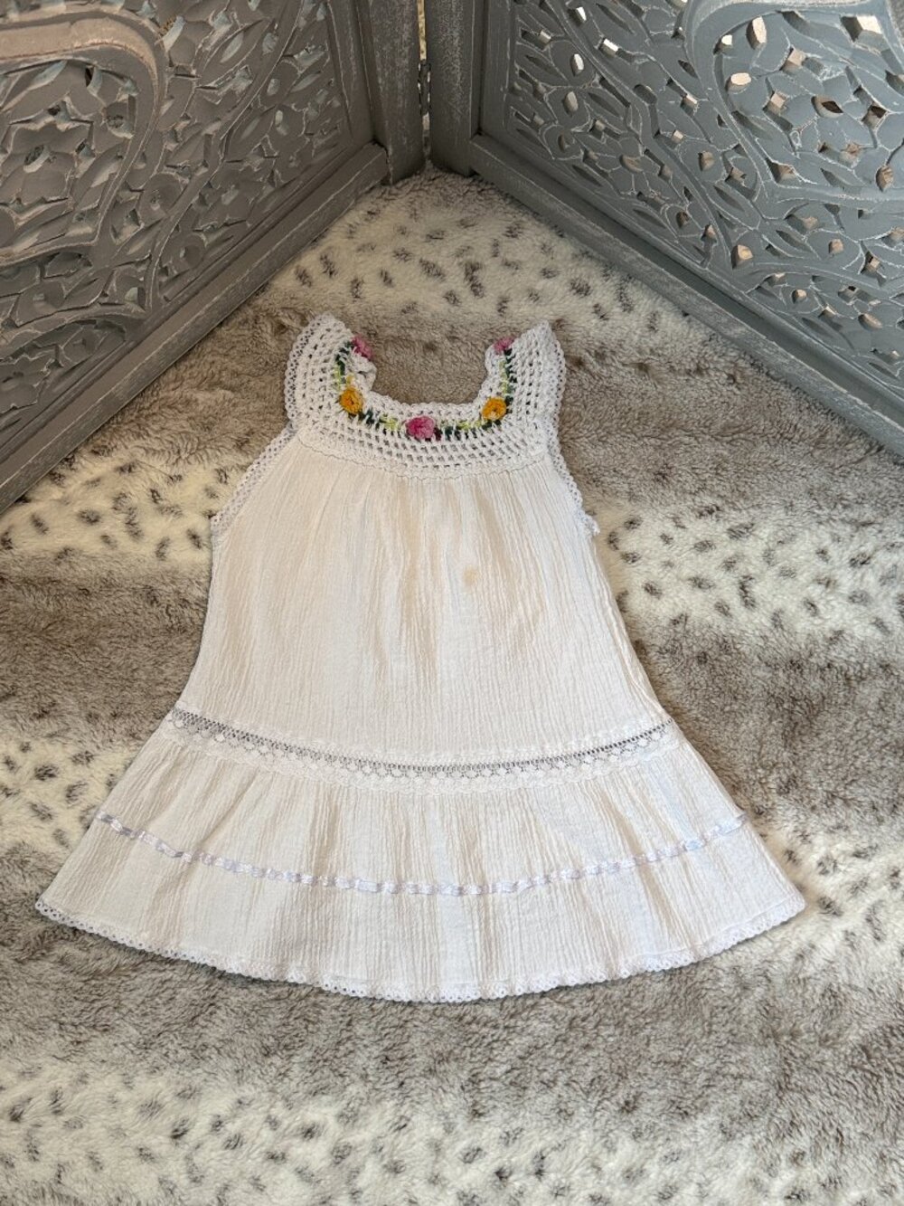 White fiesta dress girls 3T rainbow floral embroidery festival boho summer